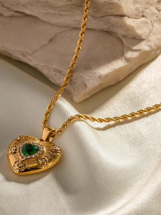 Golden Love Pendant
 with Green Stone